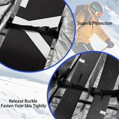DAFISKY open bag with skis, snowboard and boots organized for compact storage