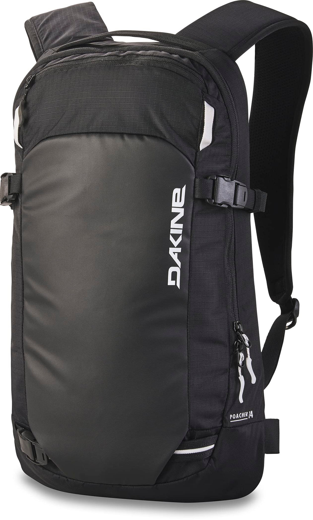 Dakine Poacher 14L front profile in black showing slim fit and pockets, ideal for light backcountry