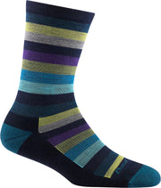 Darn Tough sock front profile showing blue dark teal pattern and crew height for versatile wear