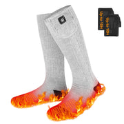 day wolf front view of packaged heated socks showing fit and style benefits