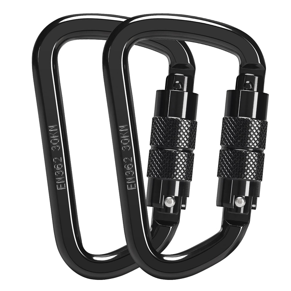 DC QZHMKJ PET front view of two carabiners showing durable build and secure connection