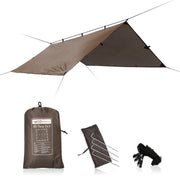DD HAMMOCKS front view of coyote brown tarp showing coverage and shape