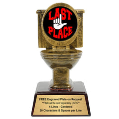 Decade Awards gold toilet trophy front view showing gleaming finish and last place charm