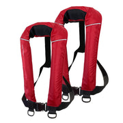DECKBRAVE front view of red 2-pack life jackets showing clear labeling and fit benefit