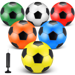 Deekin front packaging showing six colorful soccer balls and included pump for easy setup