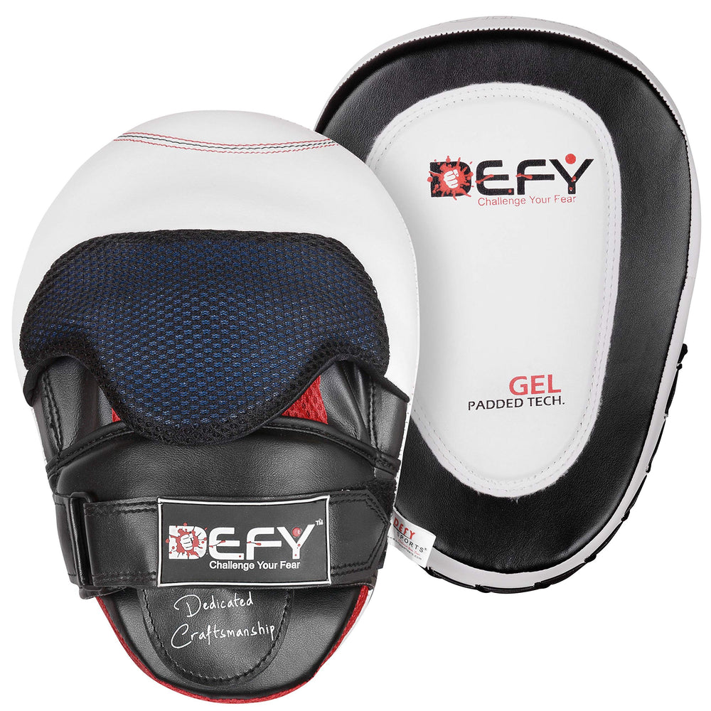 DEFY front view mitt showing curved face and target clarity for safer striking