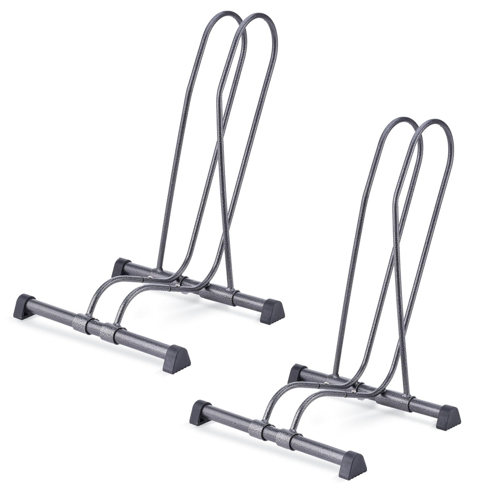 Delta front view of freestanding bike stand showing secure rear wheel support and compact footprint