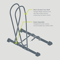 Delta rear-wheel cradle detail protecting bike frame and preventing scratches while holding wheel