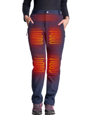 DEWBU heated pants front view showing dark blue shell and tailored fit for warmth