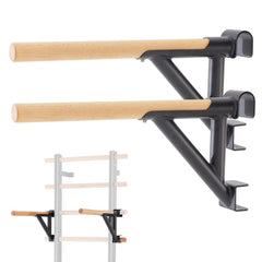 DHT double bar bracket front view showing compact steel frame and wooden grips for stable workouts