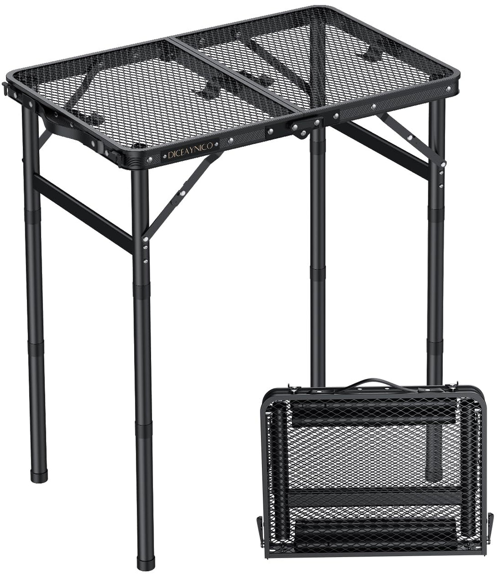 Diceaynico front view showing folded table and latch for easy transport