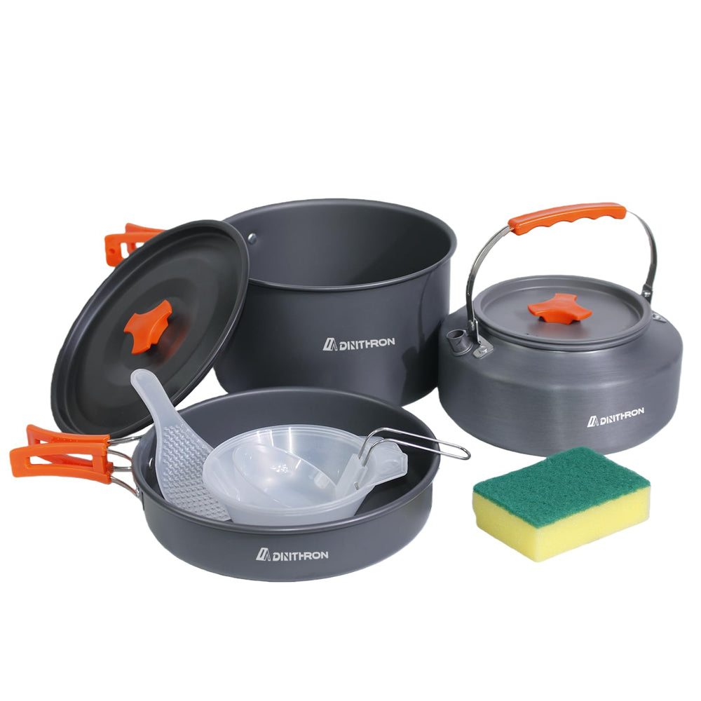 DINITHRON front packaging showing the full 10-piece camping cookware set and compact design benefit