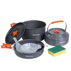 DINITHRON front packaging showing the full 10-piece camping cookware set and compact design benefit