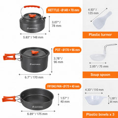DINITHRON nested bundle with pot, pan, kettle and bowls stacked to save backpack space