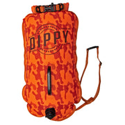 Dippy Divas and Dudes front view of 28L swim buoy showing bright camo visibility benefit