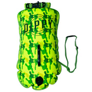 Dippy Divas and Dudes front view of orange camo 28L swim buoy showing design and logo, improves visibility