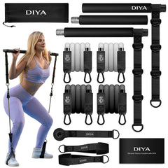 DIYA front packaging showing full pilates bar kit and easy storage benefit
