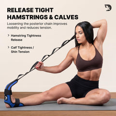DMoose strap in use during seated calf stretch demonstrating secure, adjustable tension