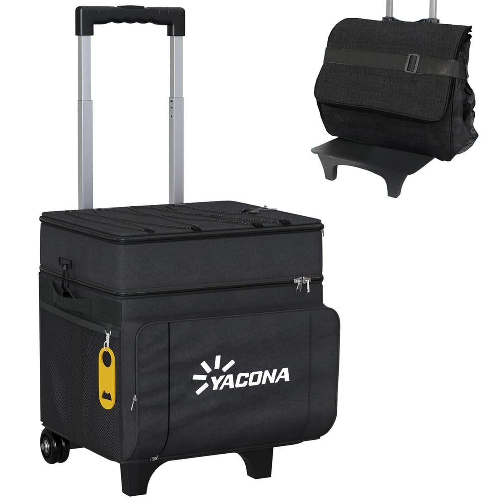 Doerpuz front view of wheeled cooler showing pockets and zippers, for organized carrying