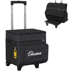 Doerpuz front view of wheeled cooler showing pockets and zippers, for organized carrying