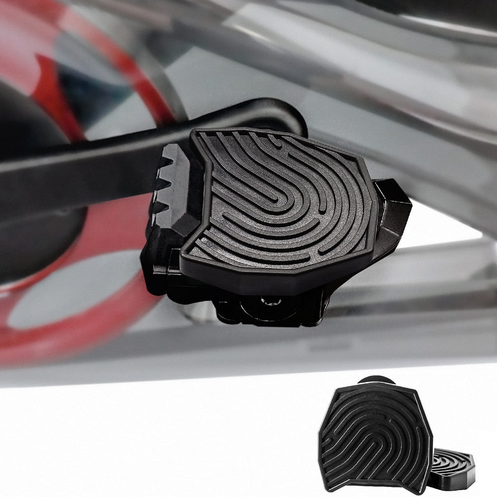 DoublePlus front view mounted on Peloton pedal showing easy installation and stability