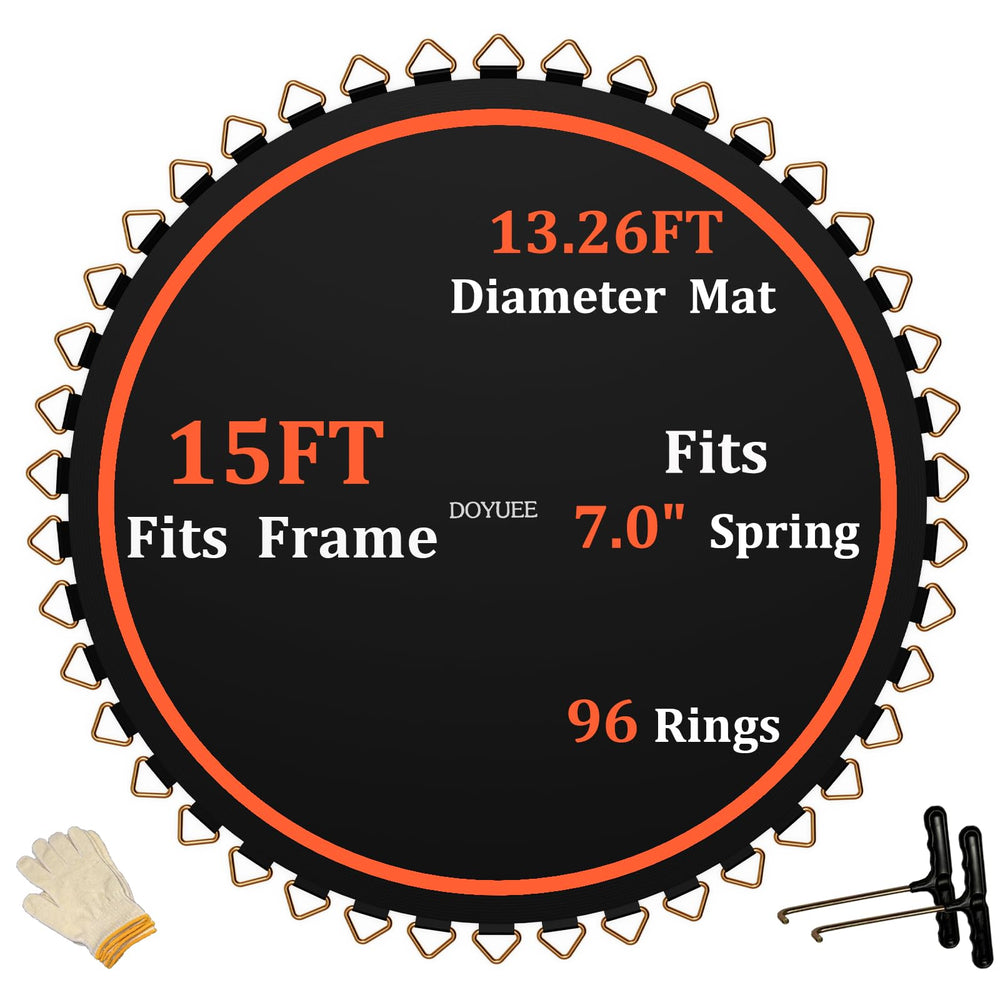 DOYUEE full trampoline mat front view showing complete 15ft surface and rings for a reliable replacement