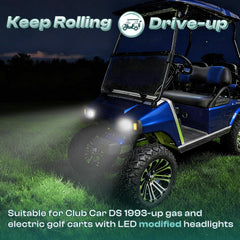 DRIVE UP left LED headlight close-up highlighting durable lens construction benefit