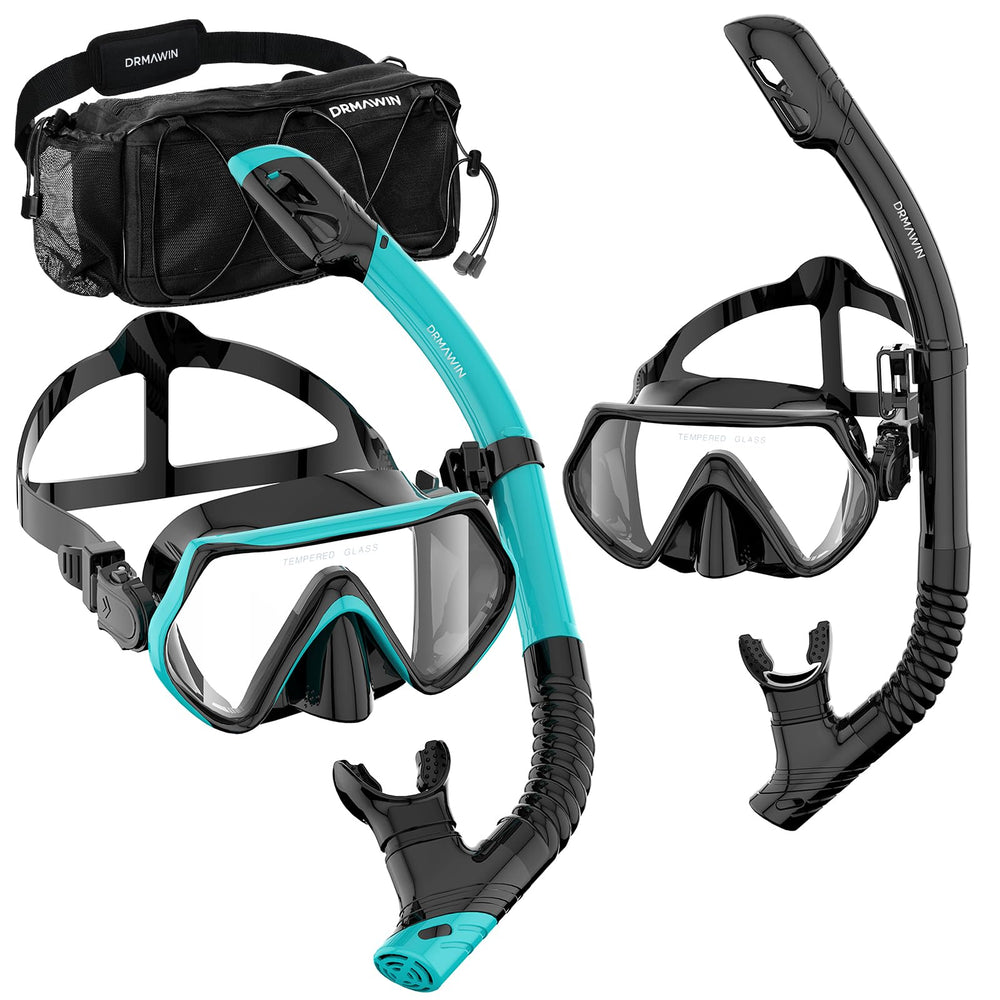 DRMAWIN front view of two-mask snorkel kit shows complete travel-ready set