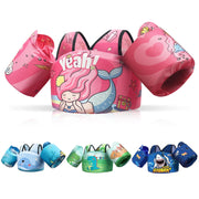 DRQ front view of toddler swim vest showing secure buckle and bright print for visibility