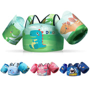 DRQ swim vest front view showing secure fit and colorful design benefit visibility