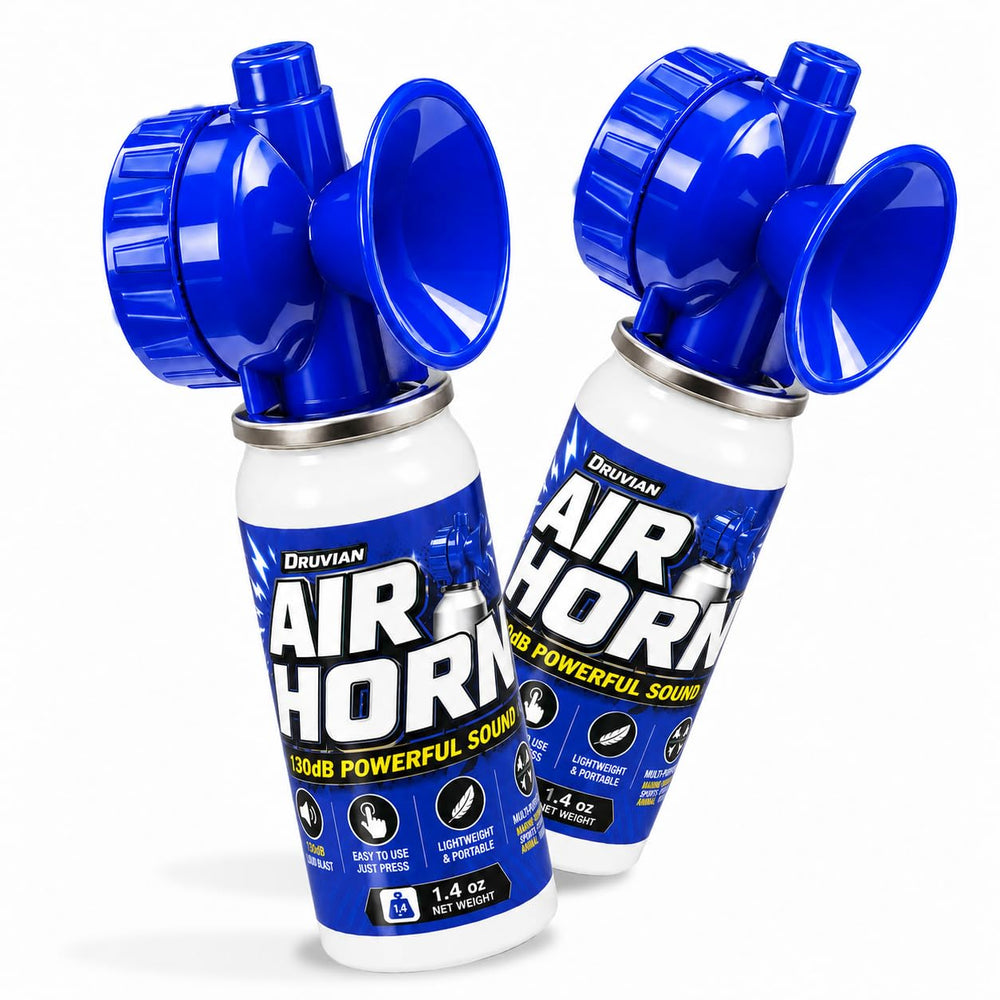 Druvian air horn front view showing compact blue body and clear labeling for easy storage