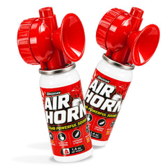 Druvian air horn front view showing compact red body and ready benefit