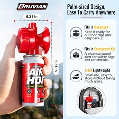 Druvian air horn side profile next to coin showing lightweight 1.4oz benefit