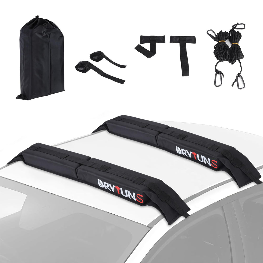 Drytuns front view on sedan showing secure roof-mounted boards for safer trips