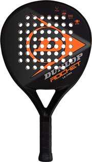 Dunlop Rocket Ultra padel racket front view showing black and orange design and improved confidence