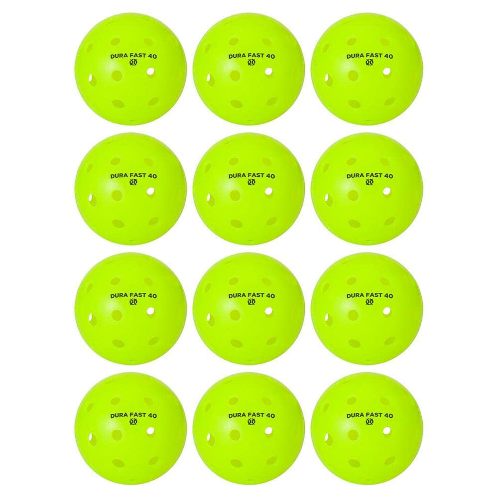 DURA FAST 40 front view of dozen pack showing neon balls and tournament branding benefits durability