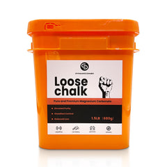 DYNAMICCOMBO front view of 1.5lb chalk powder bucket showing label and lid for neat storage