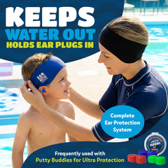 Ear Band-It Ultra holding earplugs in place for waterproof benefit