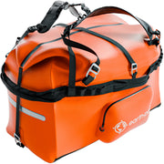 Earth Pak 115L duffel front view showing waterproof closure and capacity benefit