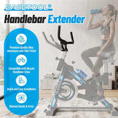 EASETOOL extender mounted on a spin bike demonstrating extra hand positions and improved riding comfort