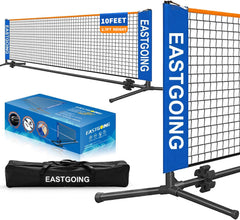 Eastgoing front view of assembled net showing play-ready setup and portability benefit