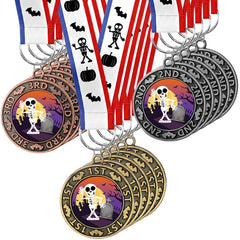 Ecation front packaging showing 30 pumpkin medals and ribbons, great for parties