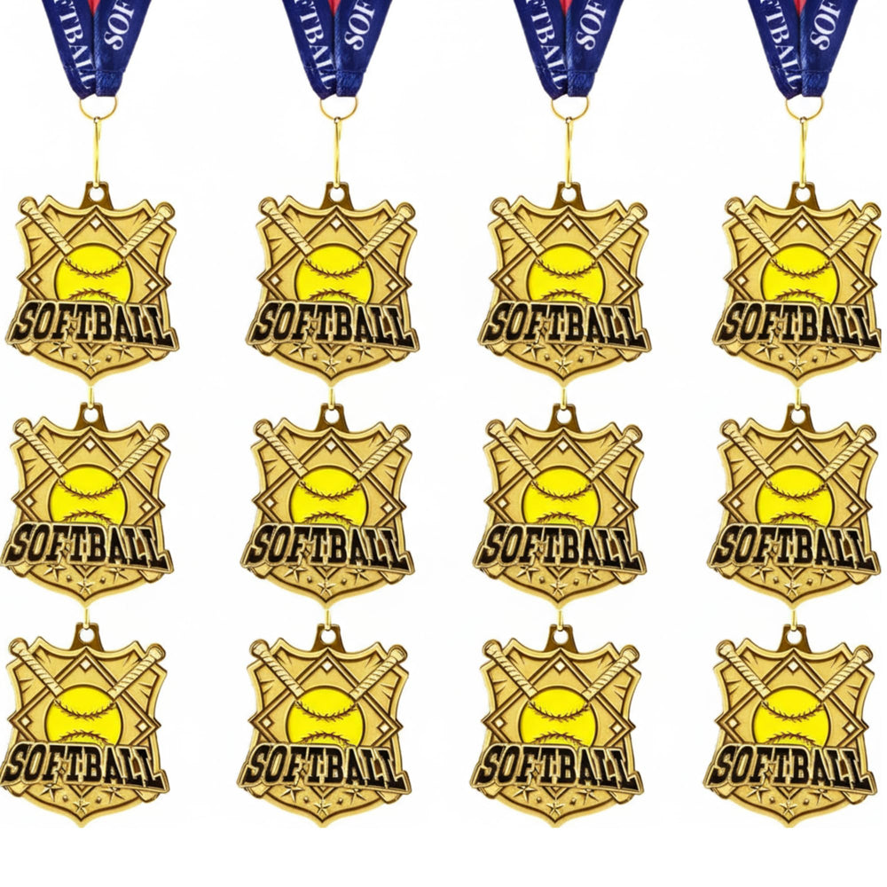 Ecation softball medal front view showing gold finish and softball design, professional look