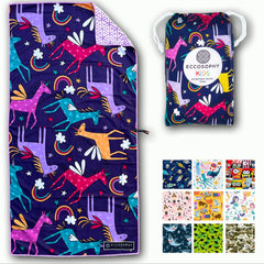 ECCOSOPHY towel front packaging showing playful print and travel-ready benefit