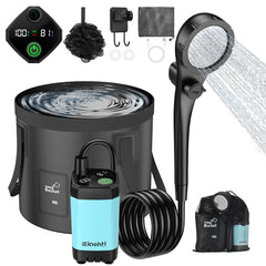 Eioehtl portable shower front view showing pump and bucket, reliable outdoor bathing