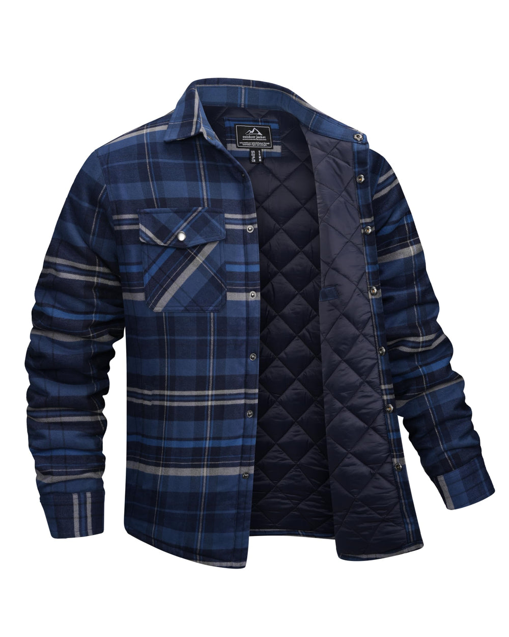 EKLENTSON front view showing bluegrey plaid and structured warmth