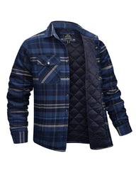 EKLENTSON front view showing bluegrey plaid and structured warmth