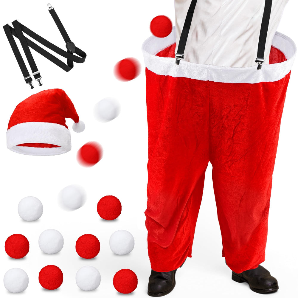 Elcoho front view of giant Santa pants set showing festive design and easy setup