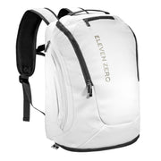 Eleven Zero front view showing clean white design and multiple pockets for organized storage