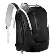Eleven Zero front view of backpack showing sleek black design and access points for easy carry